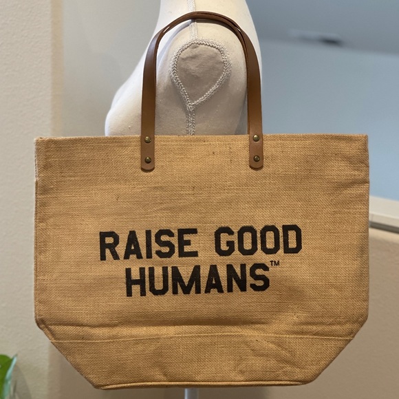 RESTOCKED Premium Laminated Jute Market Tote Bag “Raise Good Humans” - Picture 3 of 4